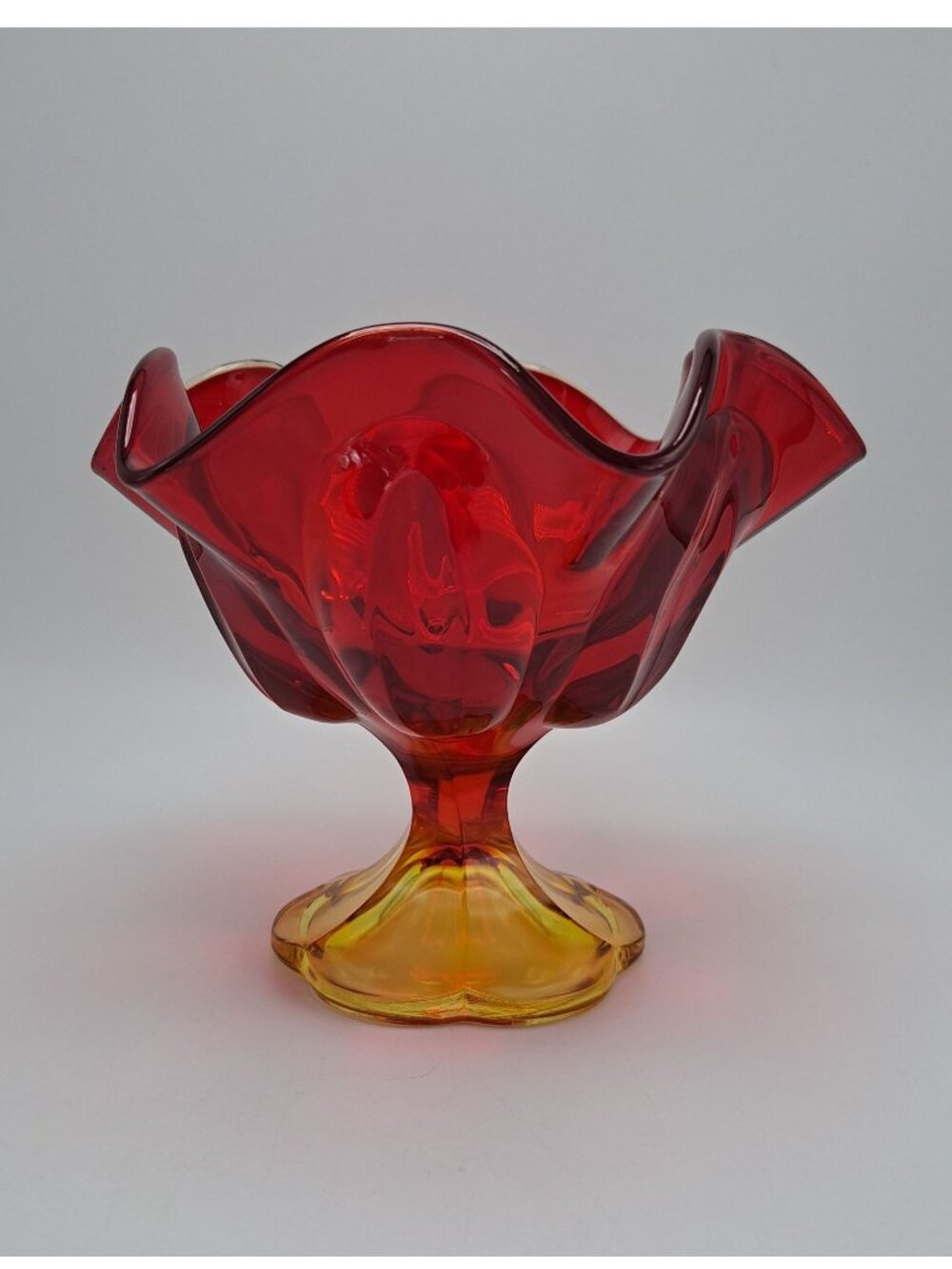 L.E. Smith Orange Amberina Footed Compote Candy Dish With 6 Petal Edge